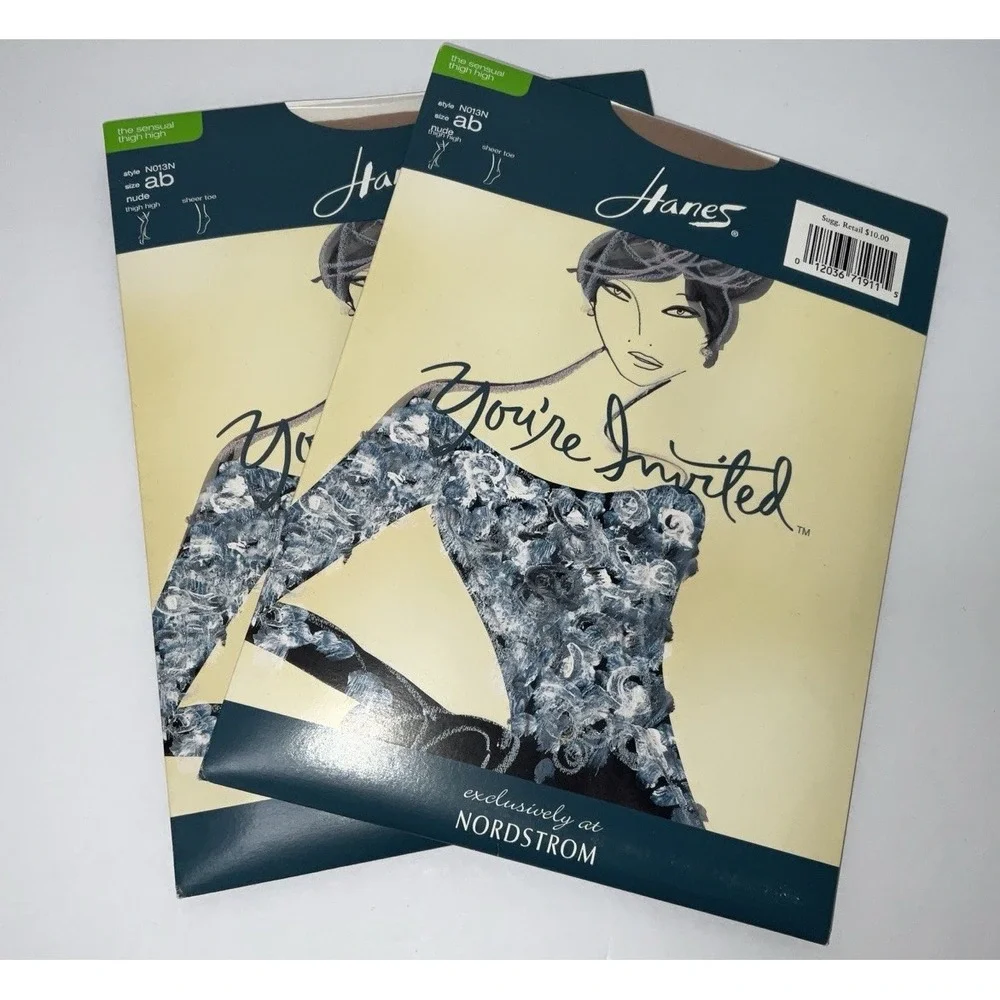 NIP Lot 2 Pairs Hanes You're Invited The Sensual Thigh High Pantyhose Nude A/B